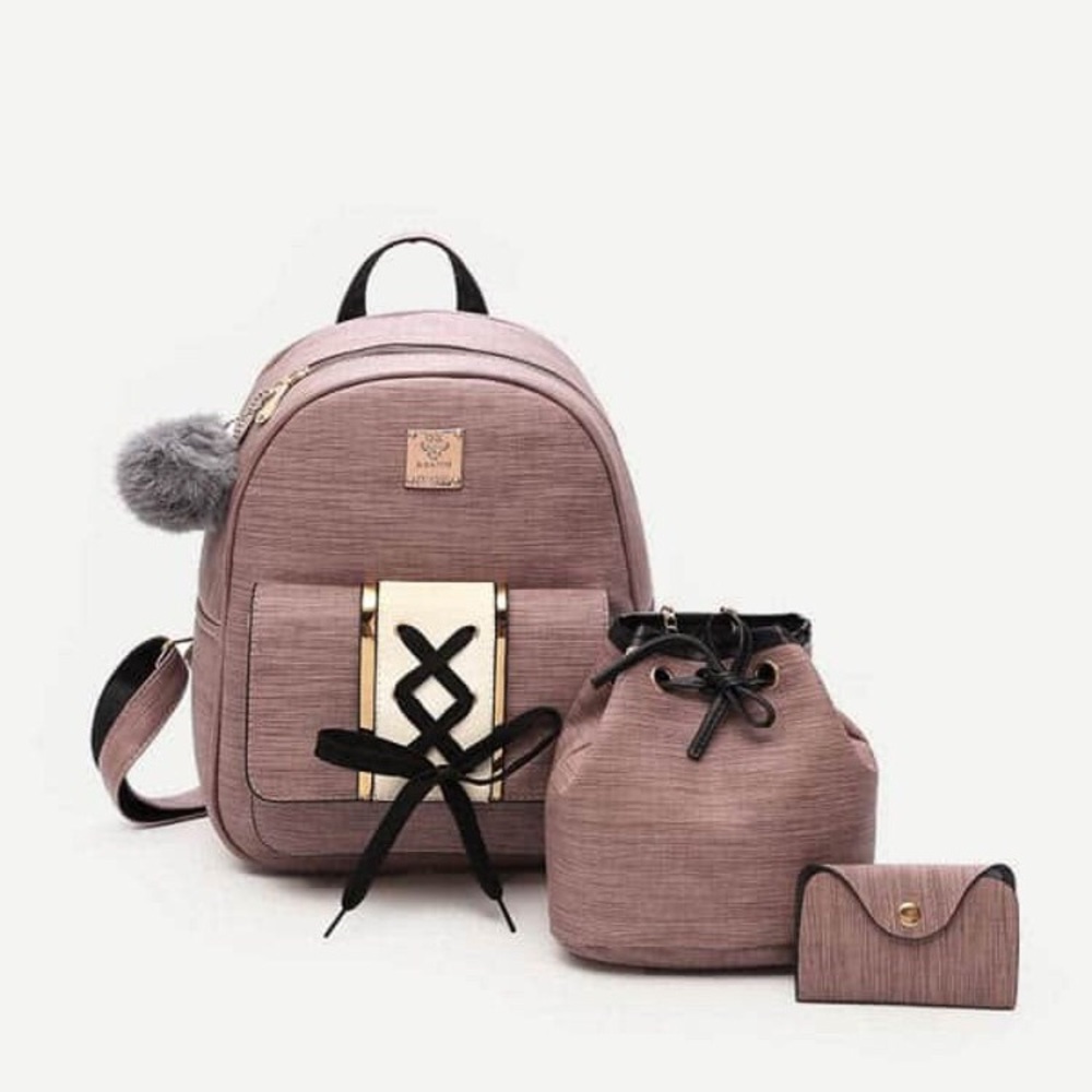 Lace Up Design Combination Bag 3pcs With Pom Pom